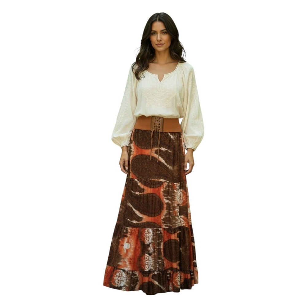 Magic Maxi Skirt Brown Orange Fall Print Corset Waist Boho Festival Flowy Medium